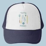 Head Chef Personalized Trucker Hat<br><div class="desc">Fun Head Chef design with vintage kitchen utensils for your favourite chef,  cook or grill expert.  Change the name and text to personalize.</div>