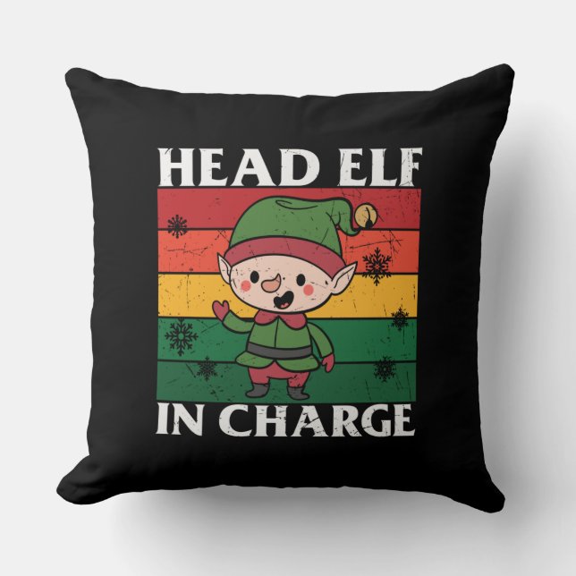 Head Elf In Charge - Cute Christmas Elf Throw Pillow (Front)