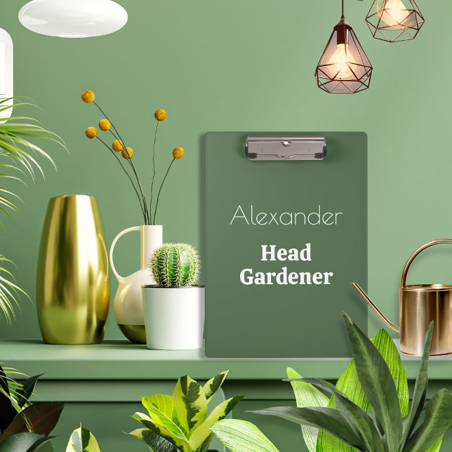 Head Gardener Green Funny Garden Gift Gardening Clipboard (A personalized clipboard with Head Gardener words, in sage green and white. Ideal for garden lovers)