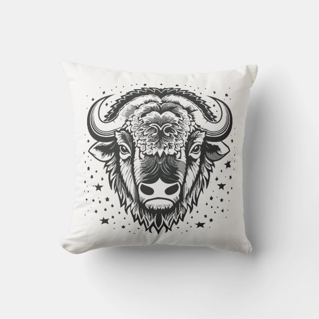 Head of a big horned bison throw pillow (Front)