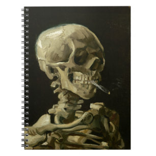 Head of a skeleton with a burning cigarette notebook