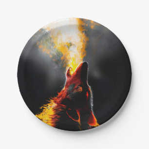Head of Aggressive Fire Wolf Paper Plate