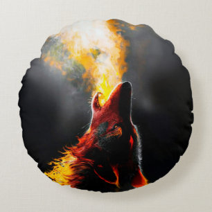 Head of Aggressive Fire Wolf Round Pillow