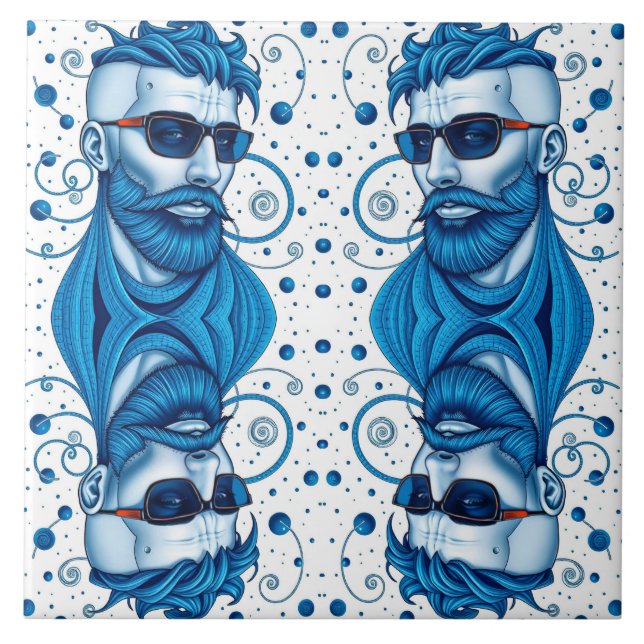Head Of Bearded Blue Alien With Glasses Sci-Fi Art Tile (Front)