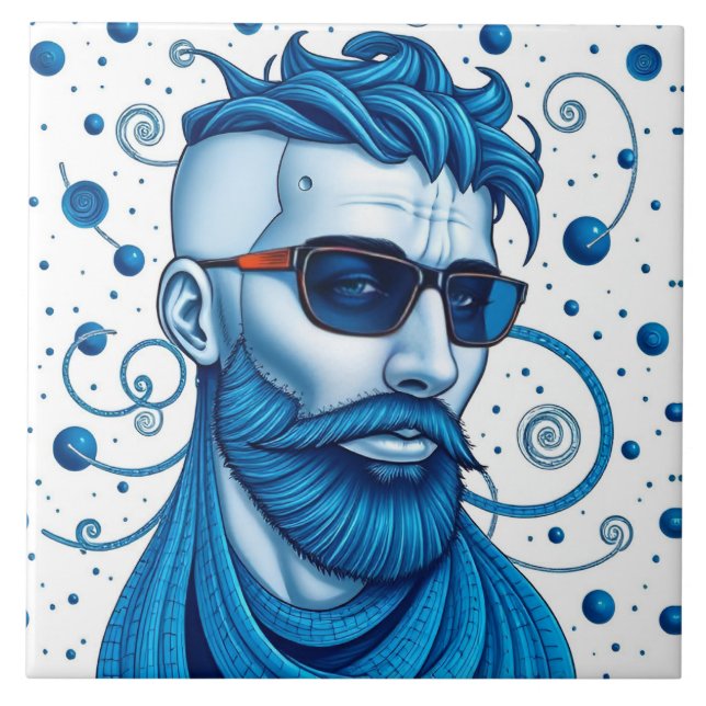 Head Of Bearded Blue Alien With Glasses Sci-Fi Art Tile (Front)