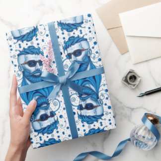 Head Of Bearded Blue Alien With Glasses Sci-Fi Art Wrapping Paper