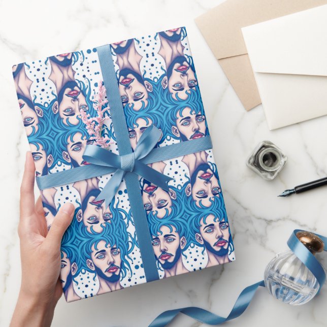 Head Of Bearded Blue Haired Alien Sci-Fi Art Wrapping Paper (Gifting)