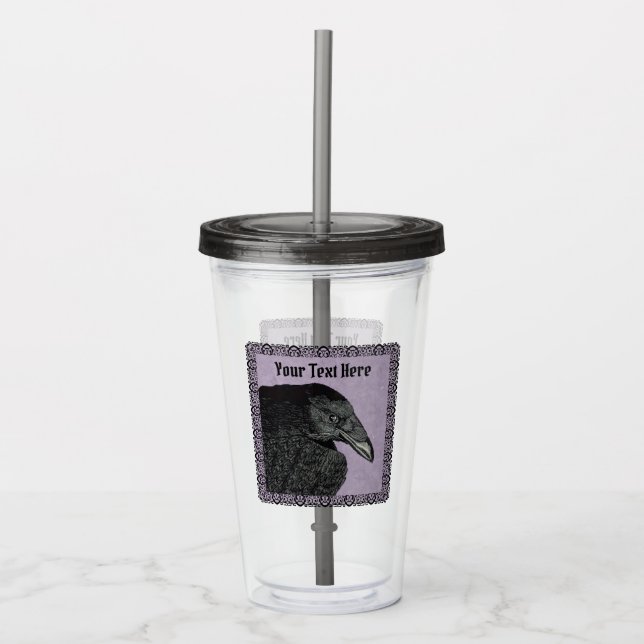Head of Black Crow on Purple Ornate black Border Acrylic Tumbler (Front)