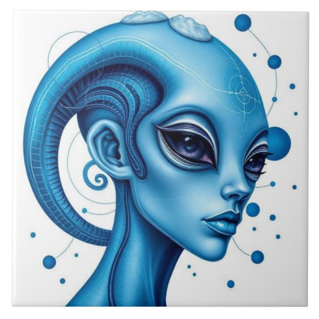 Head Of Blue Alien Closeup Sci-Fi Art Tile (Front)