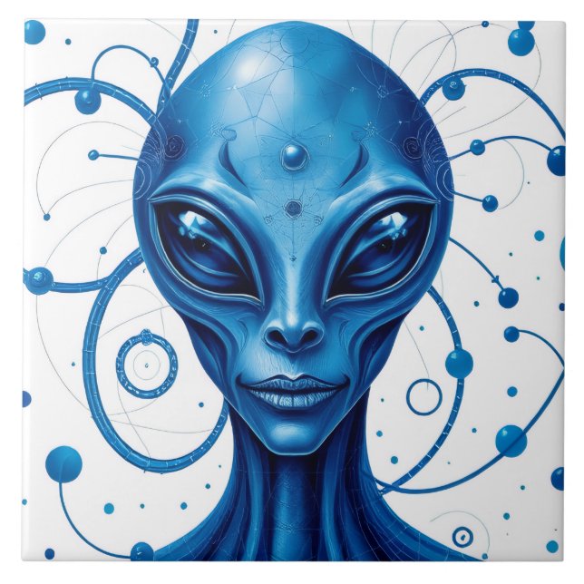 Head Of Blue Alien Closeup Sci-Fi Art Tile (Front)