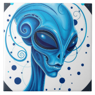 Head Of Blue Alien Closeup Sci-Fi Art Tile