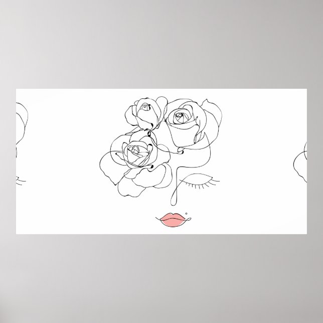 Head Of Flowers Art, Line Art Woman With Flowers,  Poster (Front)