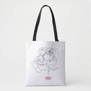 Head Of Flowers Art, Line Art Woman With Flowers, Tote Bag