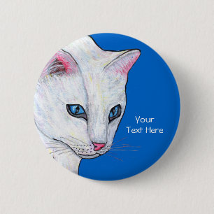 Head of Pretty White Cat Bright Blue Eyes 2 Inch Round Button