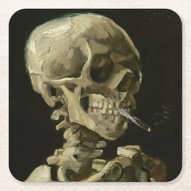 Head of Skeleton with Cigarette by Van Gogh Square Paper Coaster (Front)