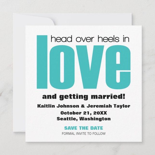 Head Over Heels Save the Date Invite, Aqua Invitation (Front)