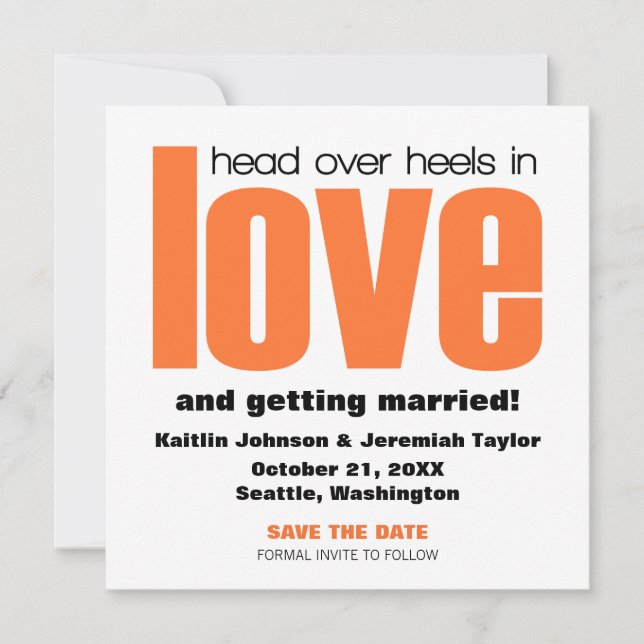 Head Over Heels Save the Date Invite, Orange Invitation (Front)