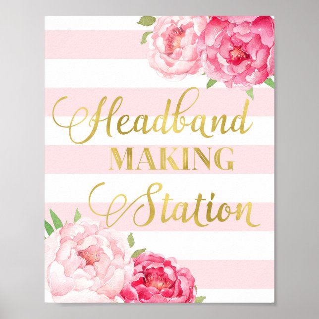Headband Making Station Sign Pink Floral Stripes (Front)