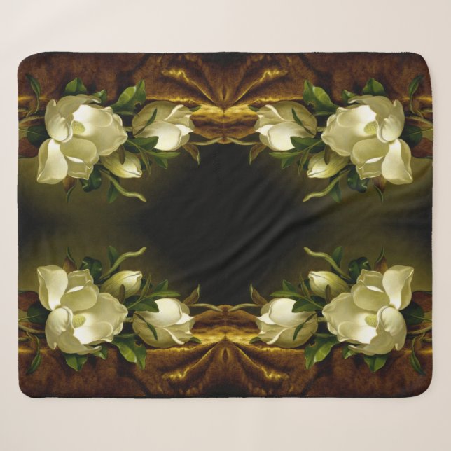 Heade Magnolia Flower Gold Velvet Sherpa Blanket (Front (Horizontal))
