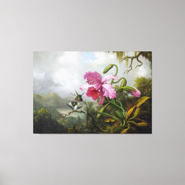 HEADE Orchid and Hummingbirds near a Mountain Lake Canvas Print (Front)