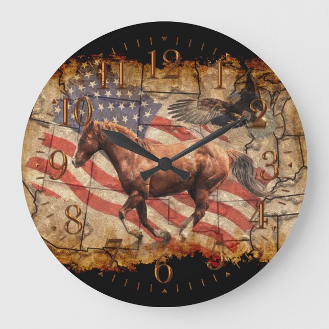 "Heading West" Horse, Eagle and US Flag Large Clock (Front)