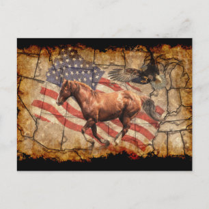 "Heading West" Horse, Eagle and US Flag Postcard
