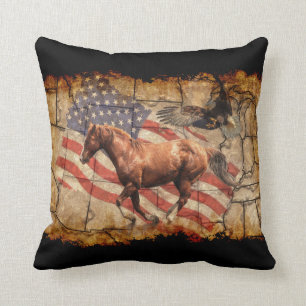 "Heading West" Horse, Eagle and US Flag Throw Pillow