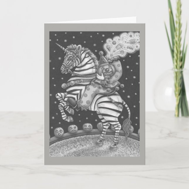 HEADLESS HORSEMAN CLOWN ON ZEBRA GREETING CARD Blk (Front)