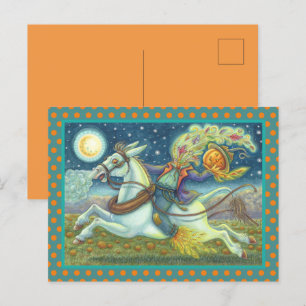 HEADLESS HORSEMAN SCARECROW ON WHITE MULE HOLIDAY  POSTCARD