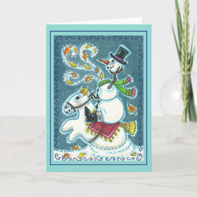 HEADLESS HORSEMAN SNOWMAN, XMAS HALLOWEEN HUMOR, HOLIDAY CARD (Front)
