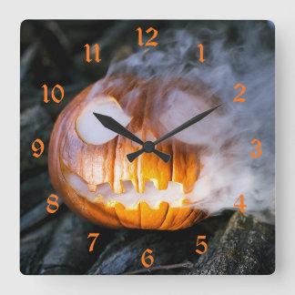Headless Horseman's Jack-o-Lantern Head a Flame Square Wall Clock