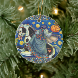 HEADLESS HORSEWOMAN, SIDESADDLE ON HALLOWEEN PINTO CERAMIC ORNAMENT