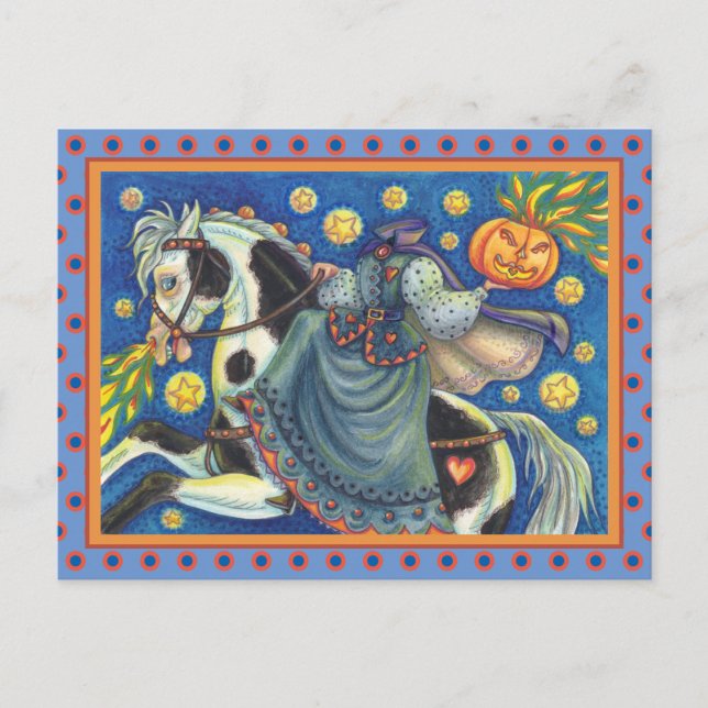 HEADLESS HORSEWOMAN, SIDESADDLE ON HALLOWEEN PINTO HOLIDAY POSTCARD (Front)