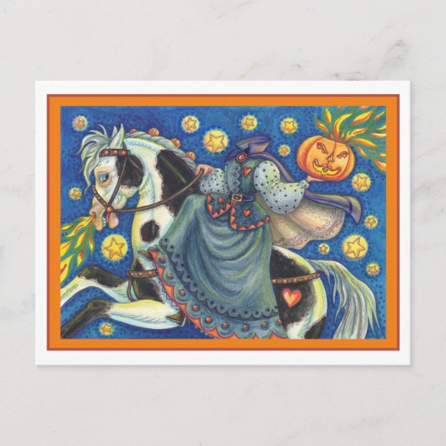 HEADLESS HORSEWOMAN, SIDESADDLE ON HALLOWEEN PINTO HOLIDAY POSTCARD (Front)
