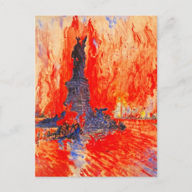 Headless Statue of Liberty with NYC in flames Postcard (Front)
