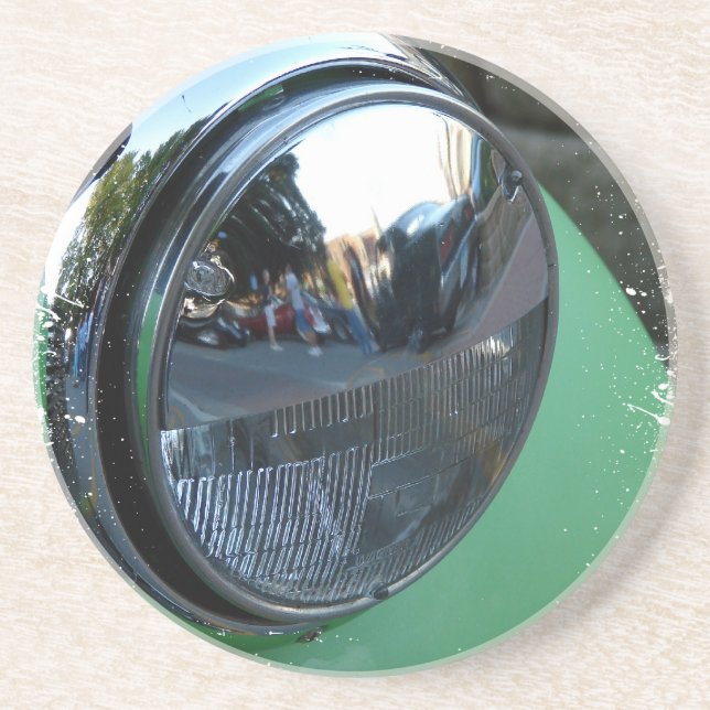 Headlight on a Green Vintage Car Coaster (Front)