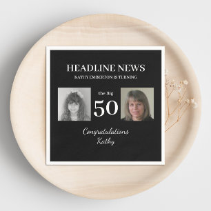 Headline News 50th Birthday Black and White Photo Napkin