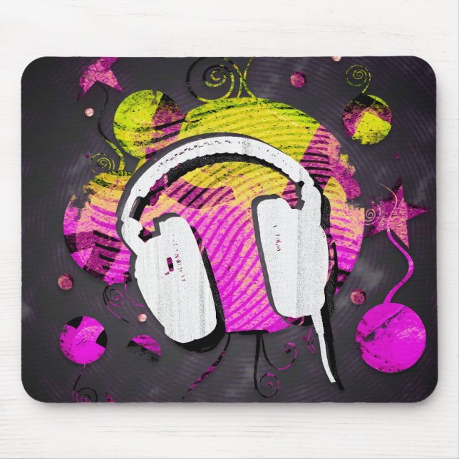 Headphone design in pink and yellow background mouse pad (Front)