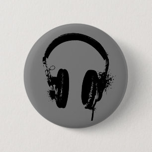 Headphones Black Stencil Graphic Art Button Pin