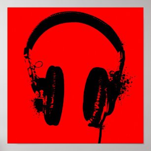Headphones Black Stencil Graphic Art Poster Sign