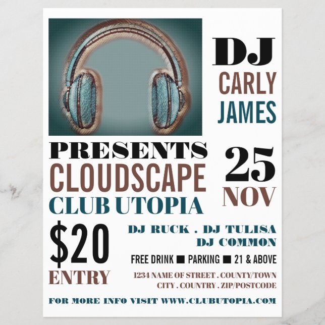 Headphones, DJ, Club Event Advertising Flyer (Front)