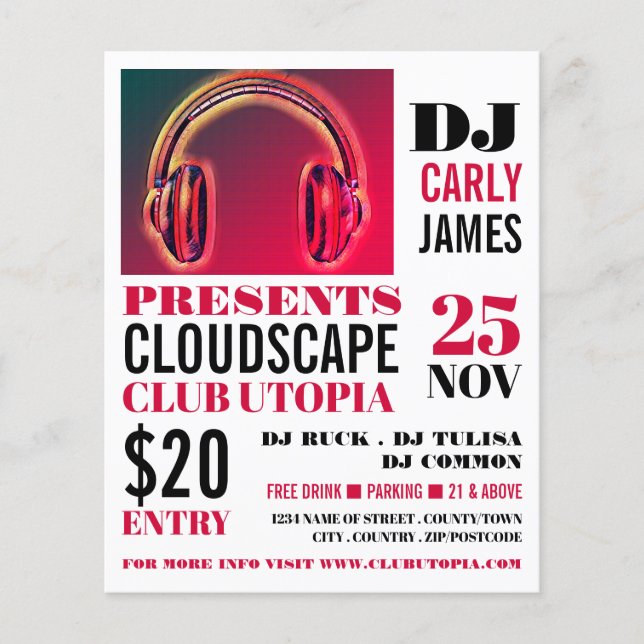 Headphones, DJ, Club Event Advertising Flyer (Front)