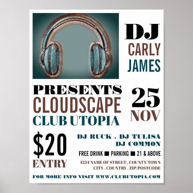 Headphones, DJ, Club Event Advertising Poster (Front)