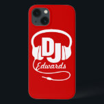 Headphones DJ named red and white ipad case<br><div class="desc">Help protect your iphone from knocks and little accidents,  with this ipad case. Original graphic headphone DJ iphone case for music dj's and budding disc jockeys and clubbing fans. Customize with your name. Example reads Edwards. Exclusively designed by Sarah Trett.</div>