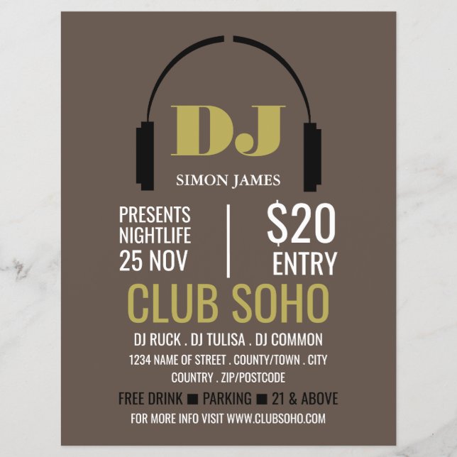 Headphones Logo, DJ, Club Event Advertising Flyer (Front)