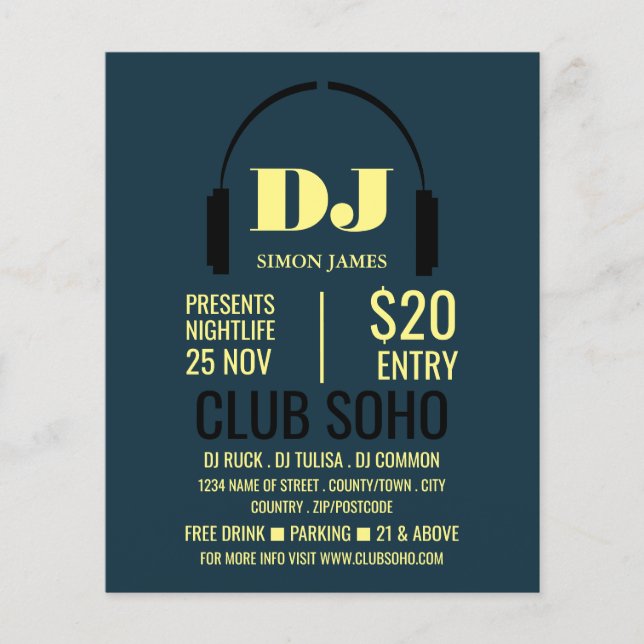 Headphones Logo, DJ, Club Event Advertising Flyer (Front)