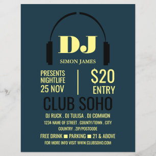 Headphones Logo, DJ, Club Event Advertising Flyer