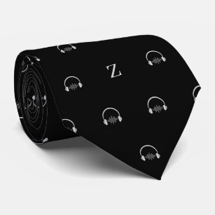 Headphones Music Monogram Initial Black and white Tie