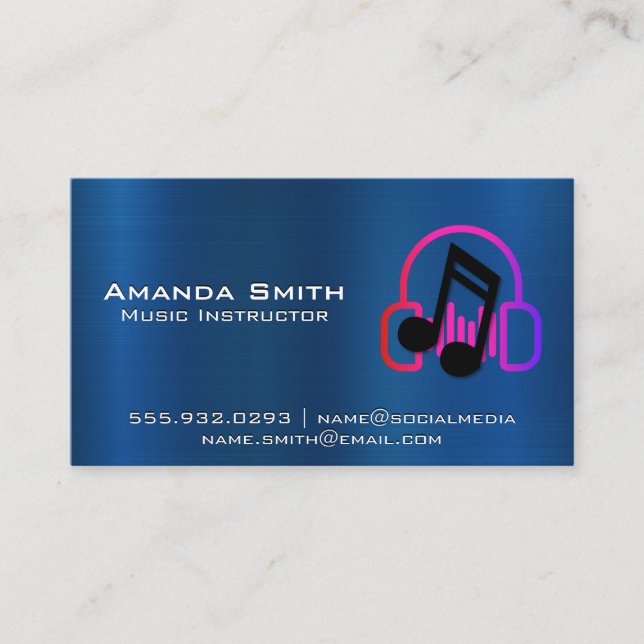 Headphones Music Note | Blue Metallic Business Card (Front)