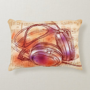 Headphones on a watercolor background & notes accent pillow
